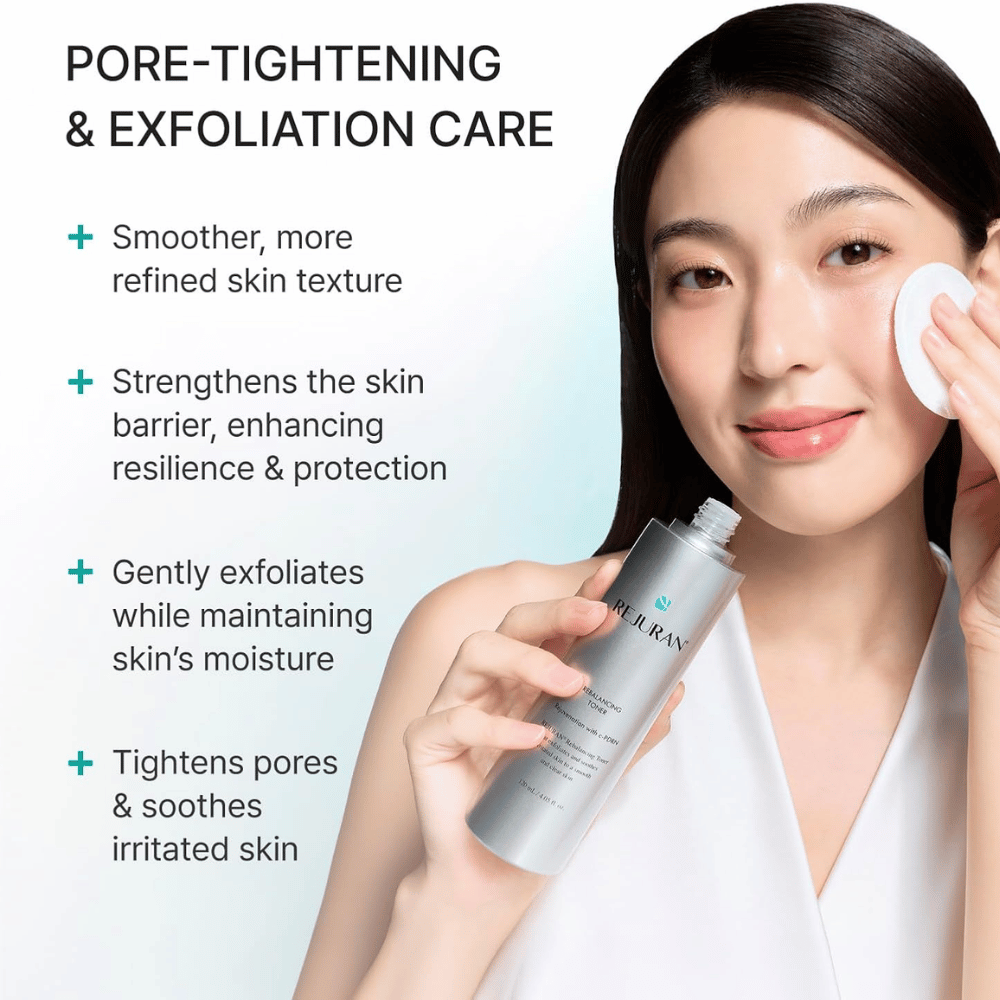 Rejuran Rebalancing Toner with C-PDRN. Model applies facial toner with a cotton pad for exfoliation and a more even skin texture.