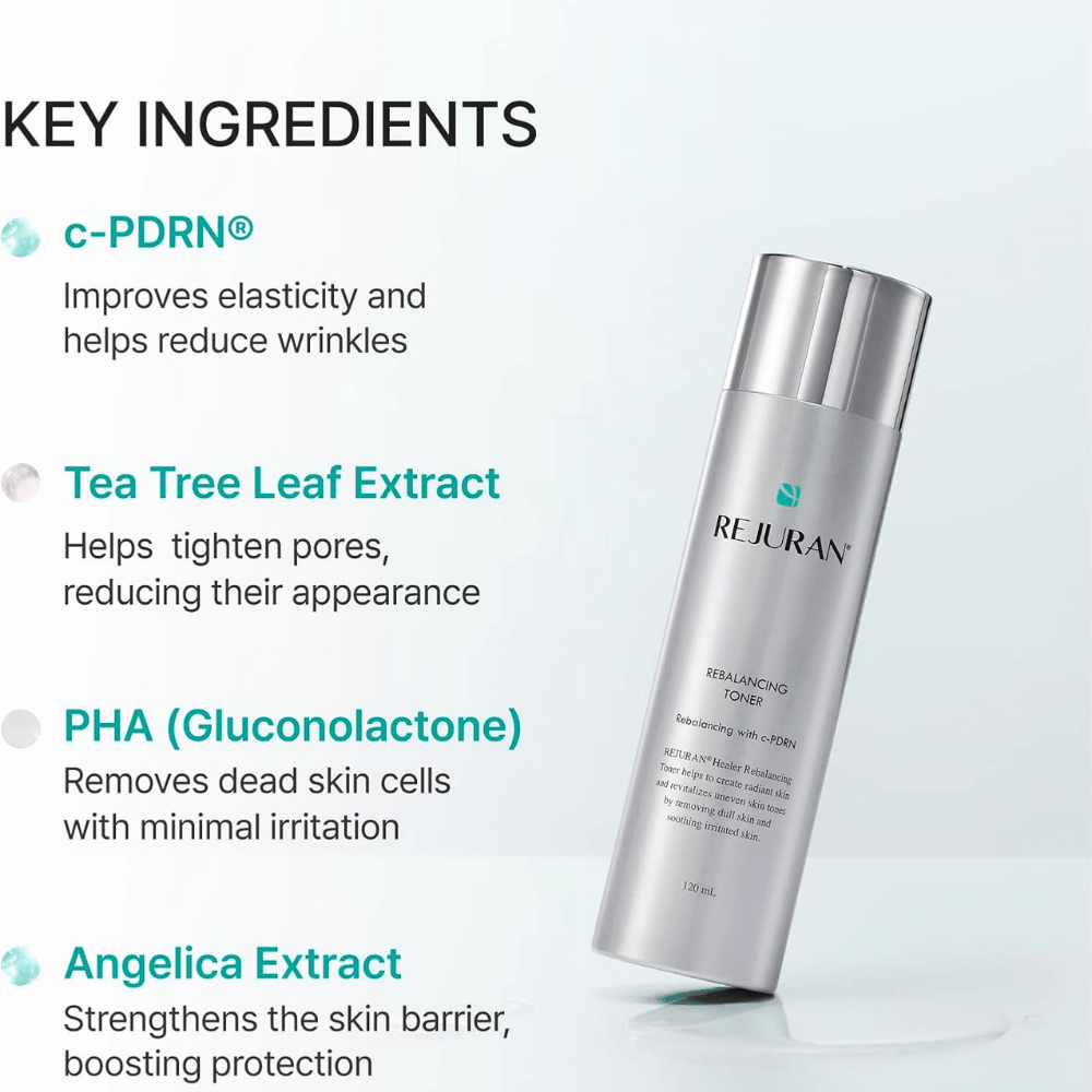 Rejuran Rebalancing Toner 120 ml with C-PDRN, tea tree extract, PHA, and angelica extract. Silver-colored bottle with ingredient overview.