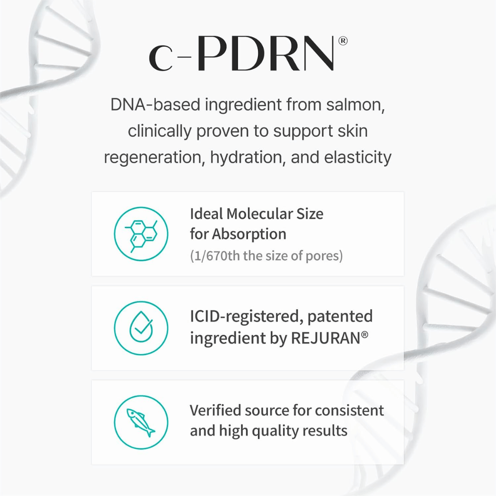 Illustration of C-PDRN from salmon DNA with information about the ingredient's moisturizing properties and support for skin elasticity.