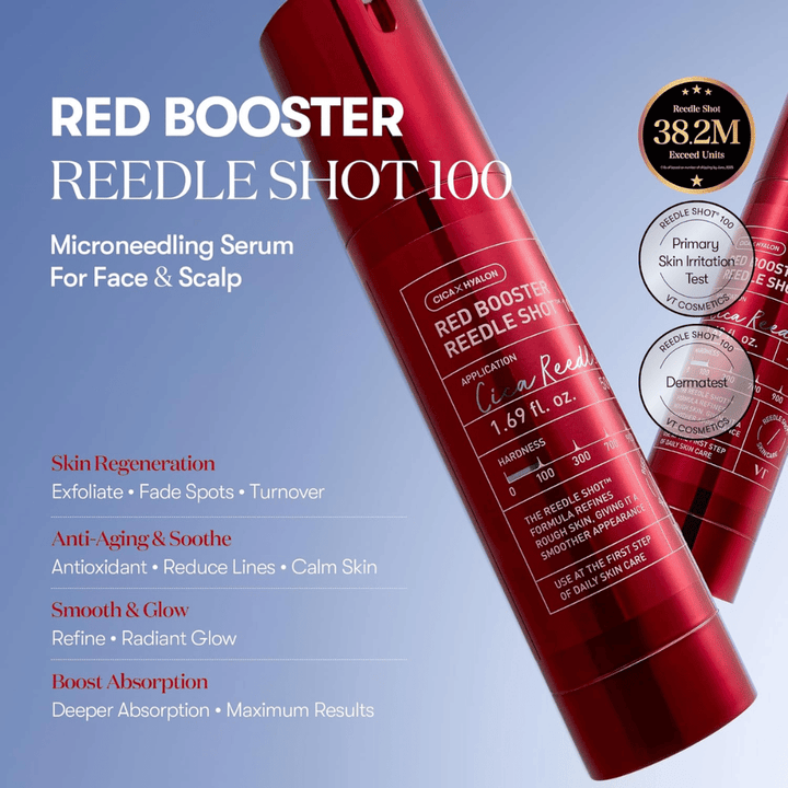 VT Cosmetics Red Booster Reedle Shot 100 microneedling serum for face and scalp, designed for skin renewal, increased absorption, anti-aging effect, even skin tone, and natural glow.