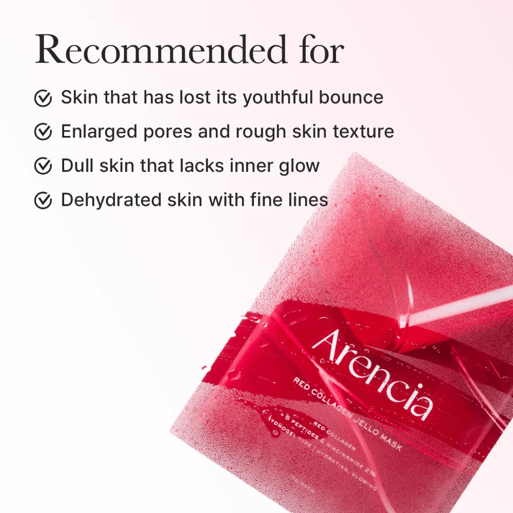 Arencia Red Collagen Jello Mask is recommended for tired skin, enlarged pores, uneven skin texture, and dehydrated skin with fine lines.