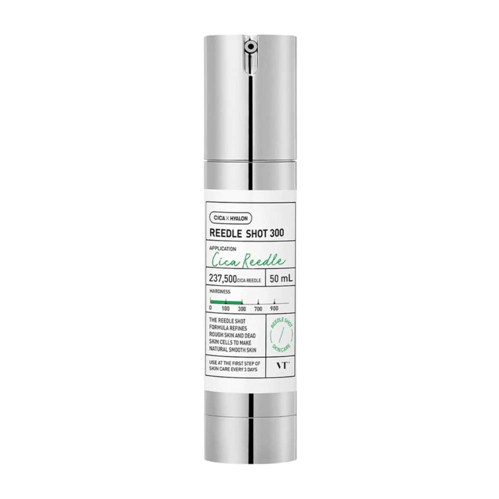 Reedle Shot 300 is a modern skincare product in a silver and white bottle. It contains 237,500 Cica Reedle and is intended to improve skin texture and moisture. The product is designed for daily use and is recommended as the first step in the skincare routine.
