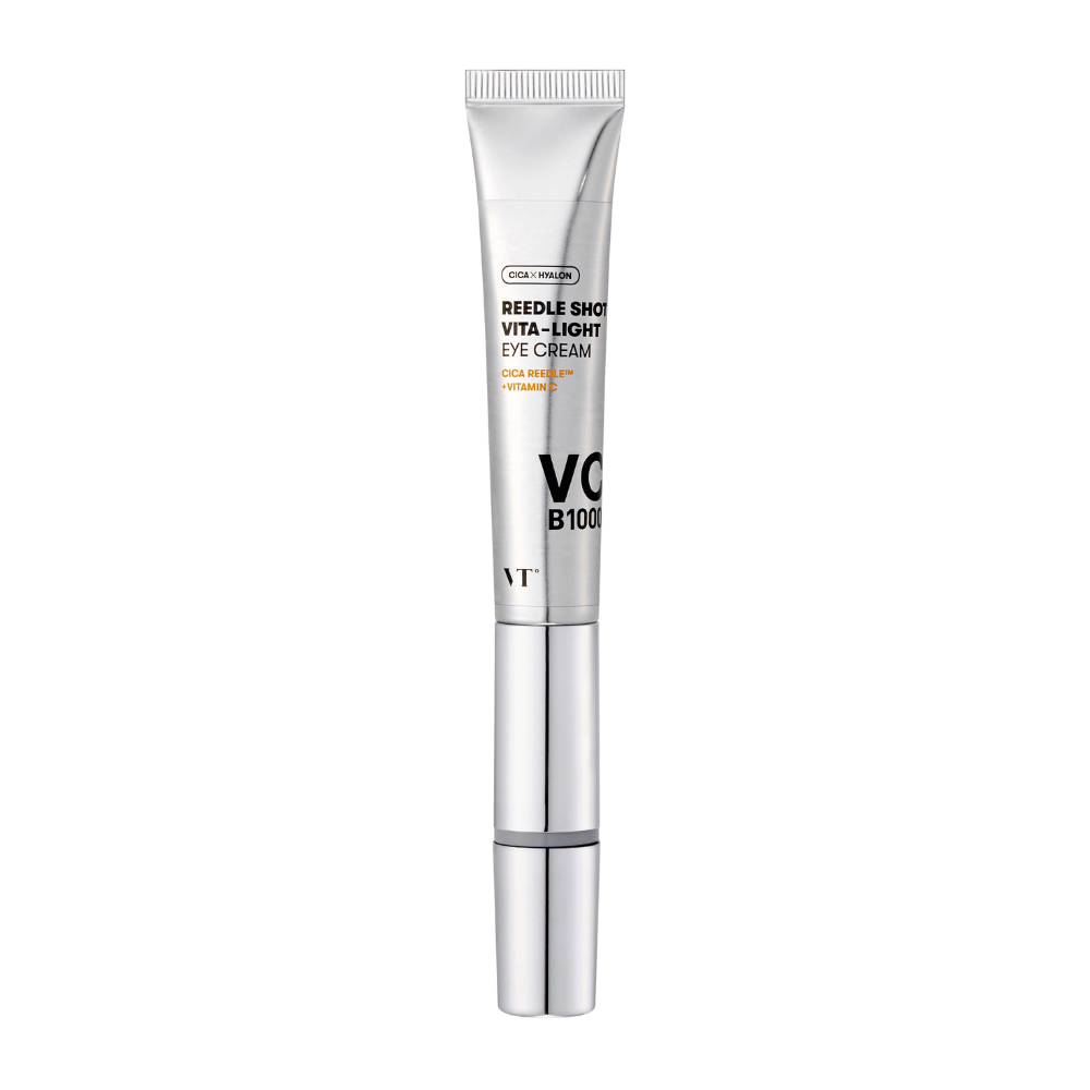 VT Reedle Shot Vita-Light Eye Cream in silver packaging with CICA, vitamin C, and moisturizing ingredients to brighten and soothe the under-eye area.
