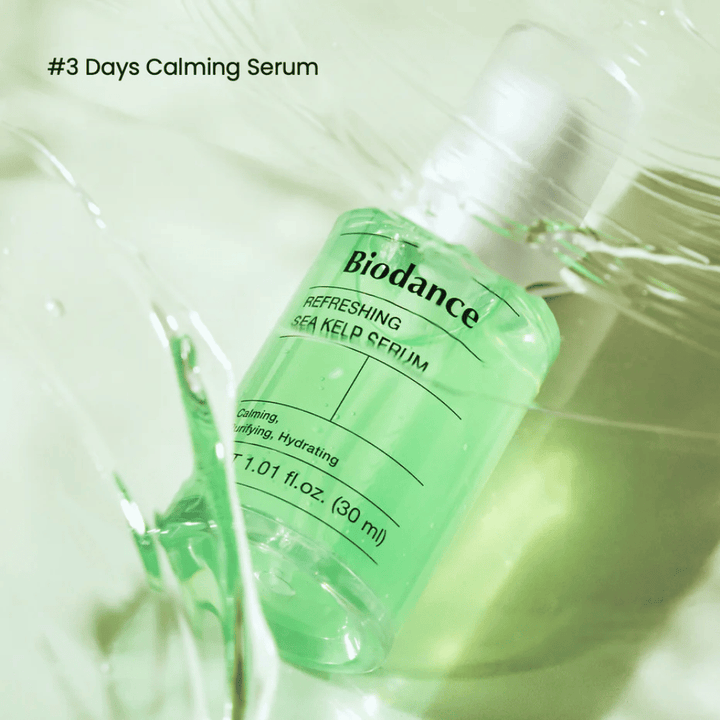 Biodance Refreshing Sea Kelp Serum in liquid texture – fast-absorbing formula for sensitive and oily skin.