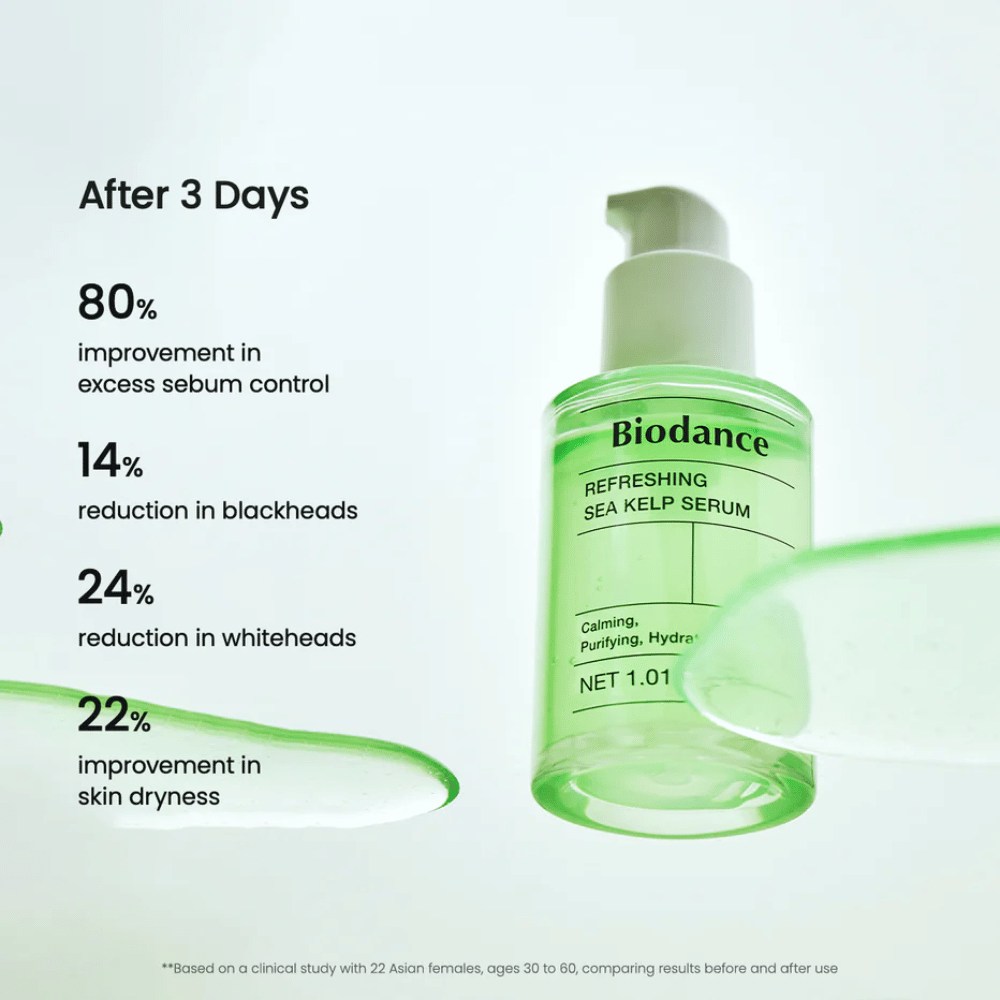 Results after 3 days with Biodance Sea Kelp Serum – reduced sebum production and minimized blackheads.