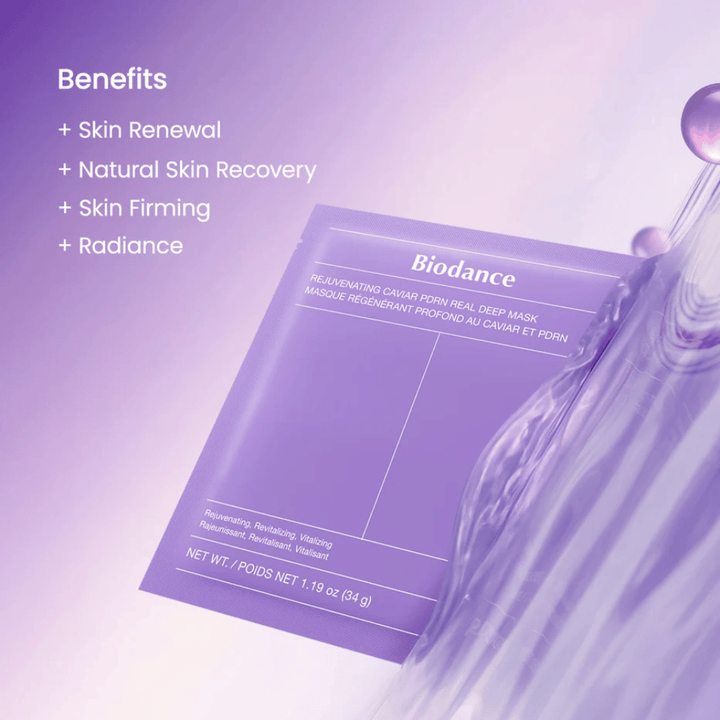 Biodance Rejuvenating Caviar PDRN Real Deep Mask on model with natural glow and visible shine after use