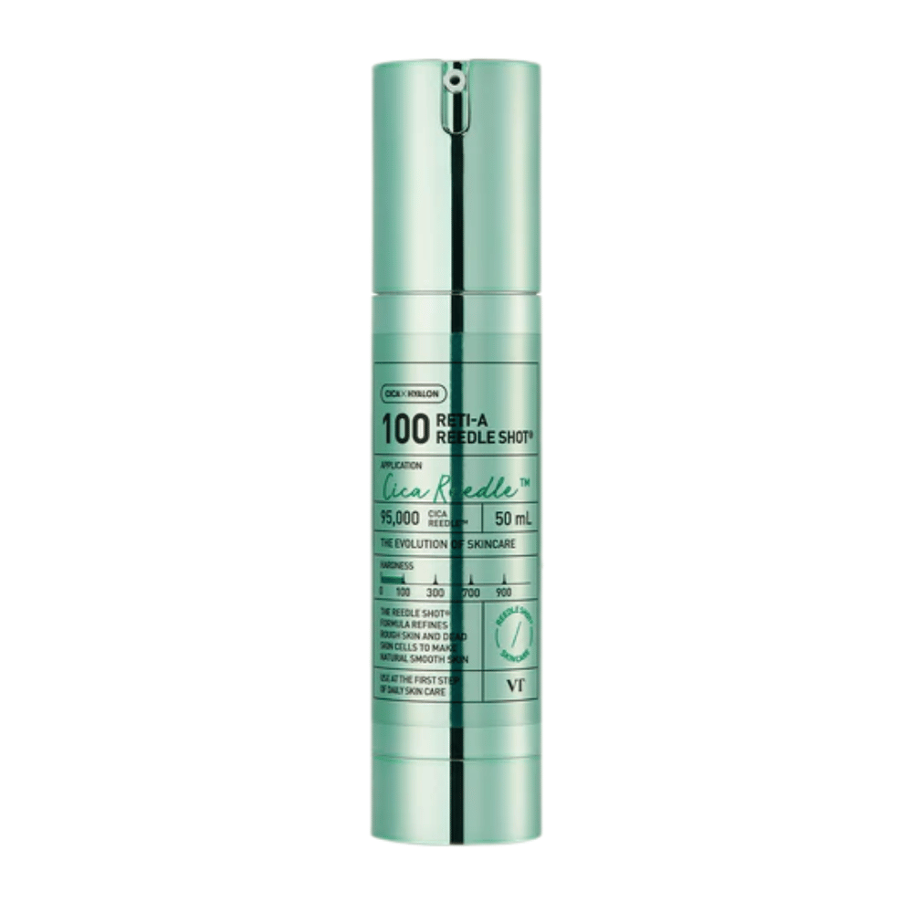 VT Reti-A Reedle Shot 100 against a white background, Korean skincare serum with Cica Reedle technology for pore refining and smoother skin.