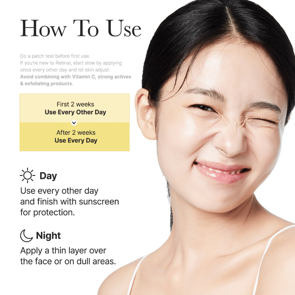 Instructional image for Arencia Retinal Booster Shot with recommended use every other day for the first two weeks and then daily, day and night routine for retinal.