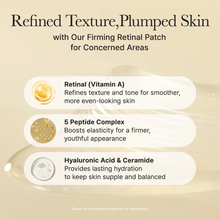 Ingredient overview highlighting retinal (vitamin A), peptide complex, hyaluronic acid, and ceramides for improved skin texture, increased elasticity, and long-lasting hydration.