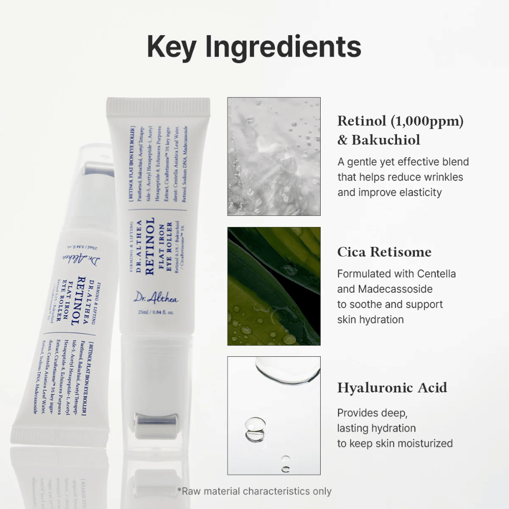 Dr. Althea Retinol Flat Iron Eye Roller with retinol, bakuchiol, cica, and hyaluronic acid that moisturizes, soothes, and reduces wrinkles.