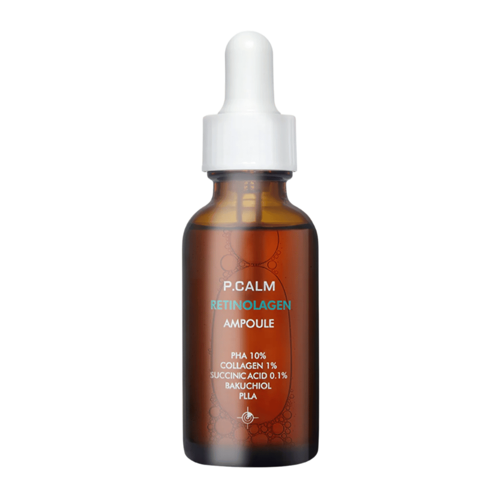 Cut-out product image of P.CALM Retinolagen Ampoule on a light background. The brown glass bottle with dropper and minimalist design gives a clinical and professional impression.