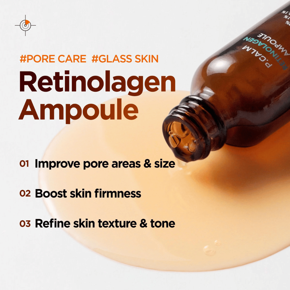 Marketing image for P.CALM Retinolagen Ampoule with serum dripping from the bottle over a golden serum texture. The image highlights benefits such as improved pore size, increased skin firmness, and a more even skin tone.
