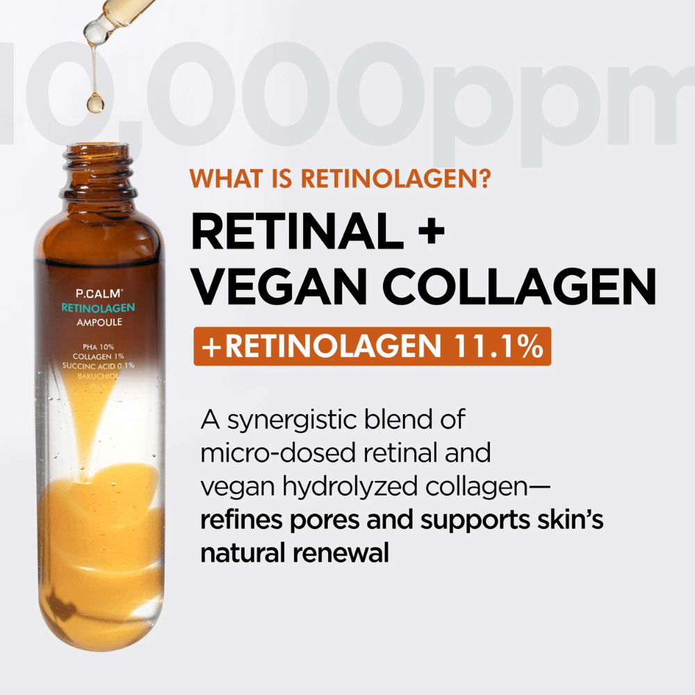 Product image of P.CALM Retinolagen Ampoule together with information about “Retinolagen,” a combination of retinal and vegan collagen. The image emphasizes skin renewal, improved skin texture, and pore refinement.