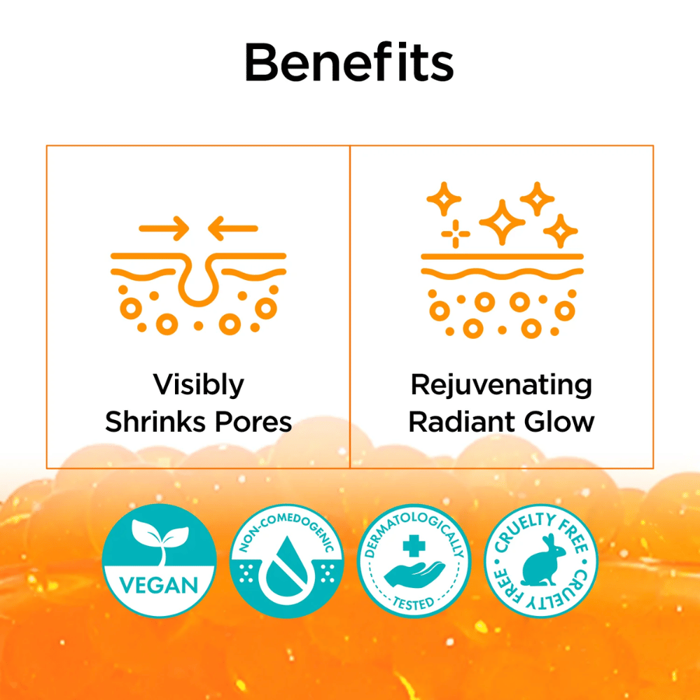 Informational image highlighting the benefits of P.CALM Retinolagen Ampoule. The focus is on visibly reducing pores and giving the skin a more revitalized glow. Icons also show that the product is vegan, non-comedogenic, dermatologically tested, and cruelty-free.