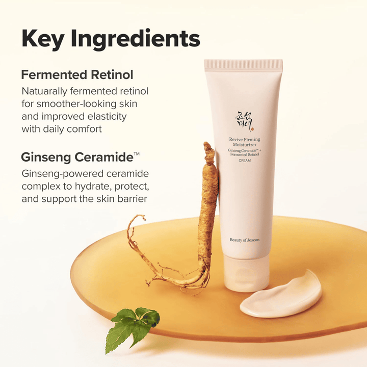 Image – ingredients (SEO + EEAT)
Beauty of Joseon Revive Firming Moisturizer with ginseng ceramide and fermented retinol that strengthen the skin barrier and improve the skin’s elasticity.