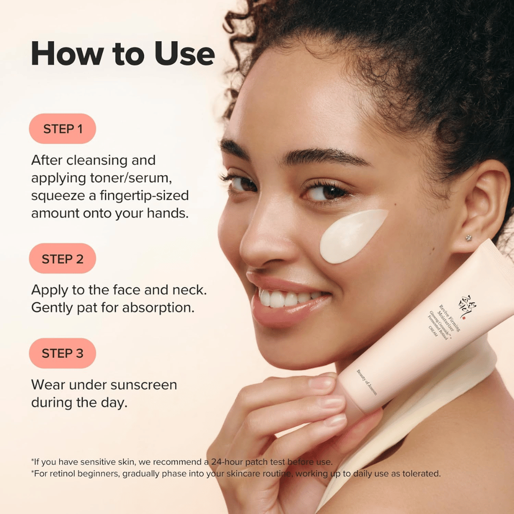 Image – how to use / application
Beauty of Joseon Revive Firming Moisturizer is applied to the face after cleansing, moisturizes the skin, and improves elasticity with retinol.