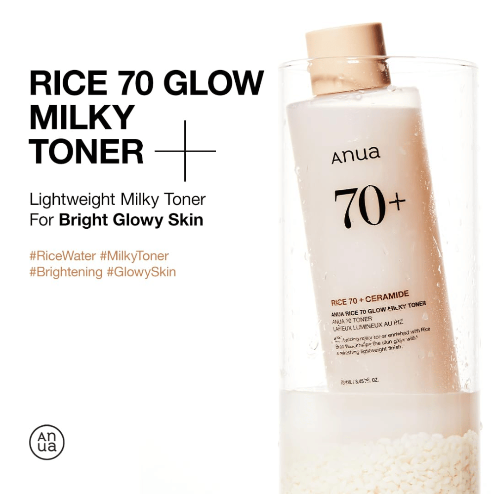 A bottle of "Anua Rice 70 Glow Milky Toner". It is a light milky toner designed to provide bright and radiant skin. The product is enriched with rice water and ceramides, which is highlighted on the bottle's label. This toner is ideal for achieving glowing skin with a fresh, light feel.