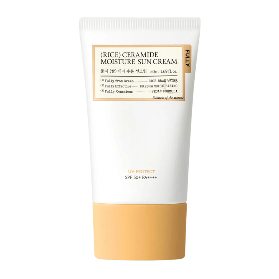 Cut-out product image of FULLY Rice Ceramide Moisture Sun Cream with a minimalist and elegant design in white and beige tones. The packaging gives a clean, softening, and skin-friendly impression with SPF 50+ PA++++ protection.