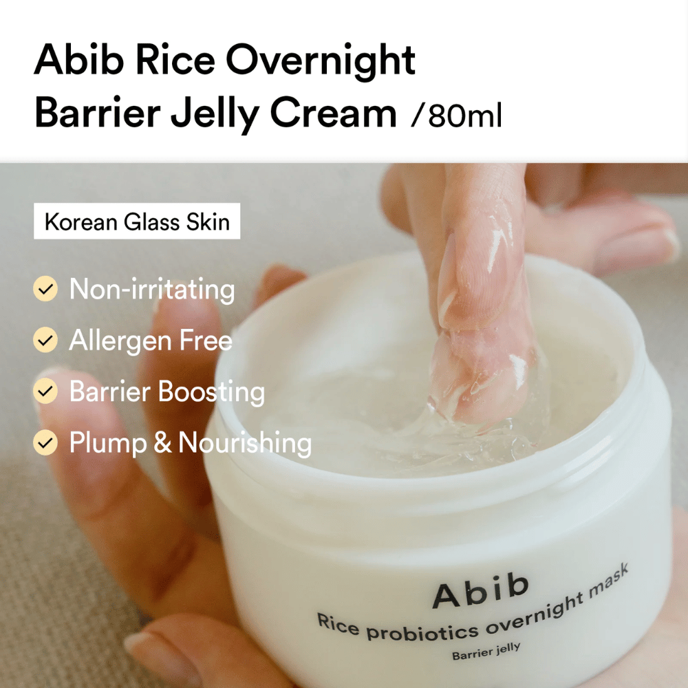 A hand dips a finger into Abib Rice Probiotics Overnight Mask – a gel-like cream marketed as non-irritating, allergen-free, strengthening for the skin barrier, and deeply nourishing.