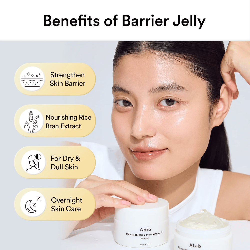 Woman with glowing skin poses next to Abib Rice Probiotics Overnight Mask. Text shows the product's Benefits: strengthens the skin barrier, nourishing rice extract, for dry/dull skin, and night care.