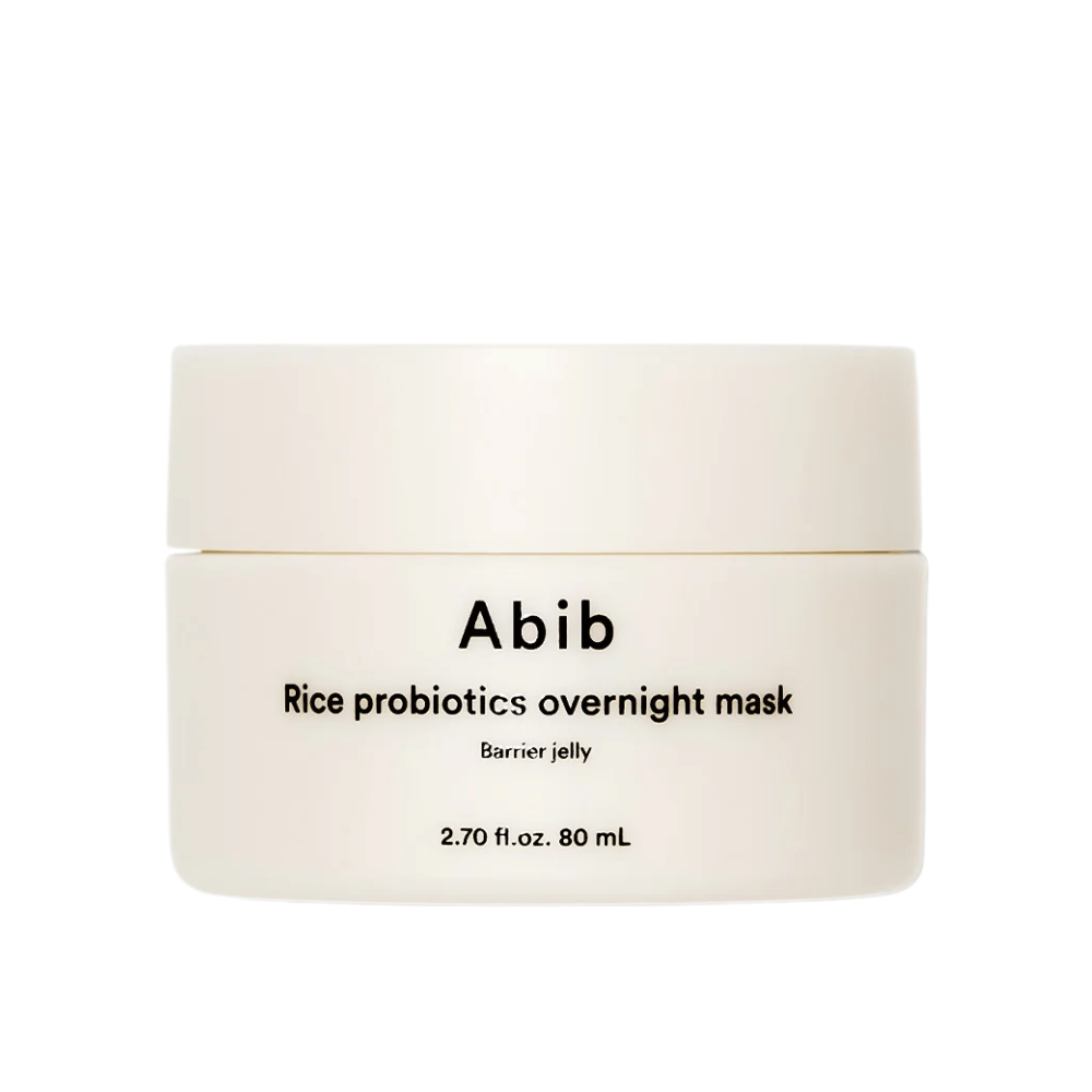 Product image of Abib Rice Probiotics Overnight Mask Barrier Jelly – a white jar with black text containing 80 ml night mask to strengthen the skin barrier and moisturize the skin.