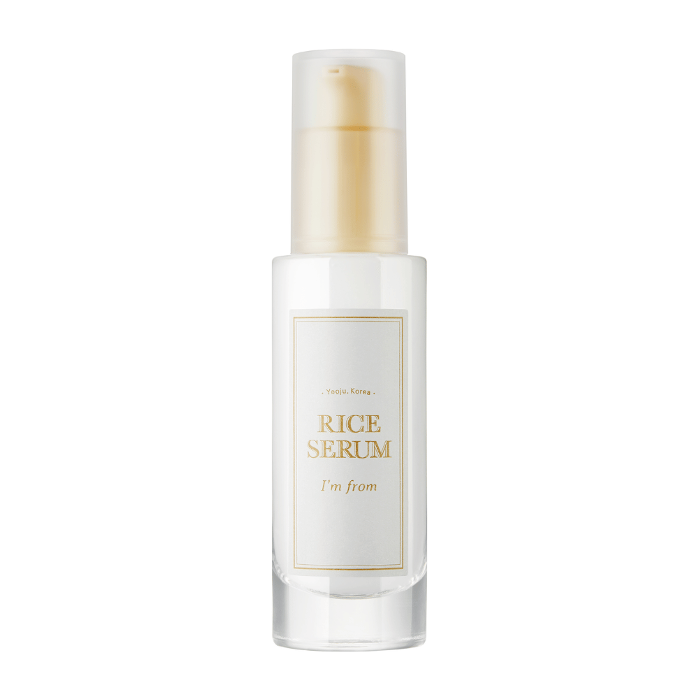 Bottle with "I'm from" Rice Serum, skincare serum with rice extract.