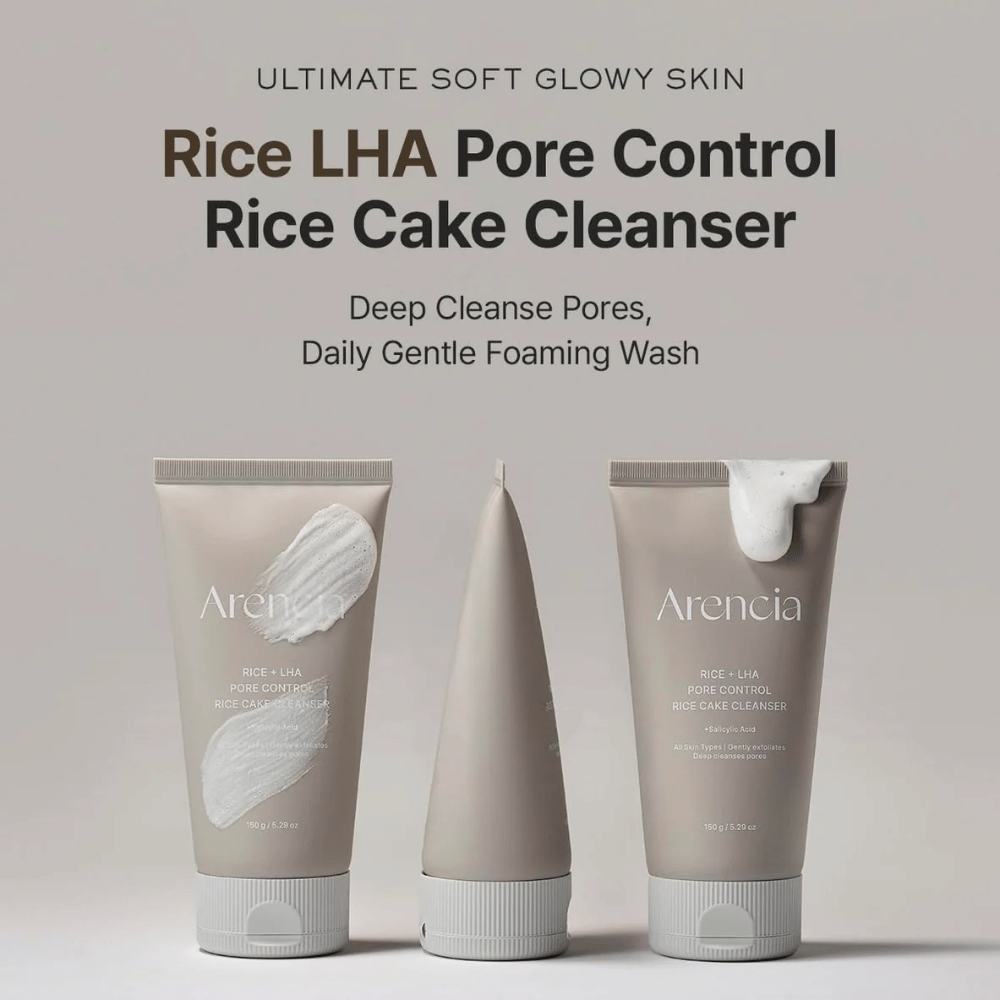 Product presentation of Arencia Rice + LHA Pore Control Rice Cake Cleanser from multiple angles, daily foaming face wash for clearer pores and smoother skin texture.