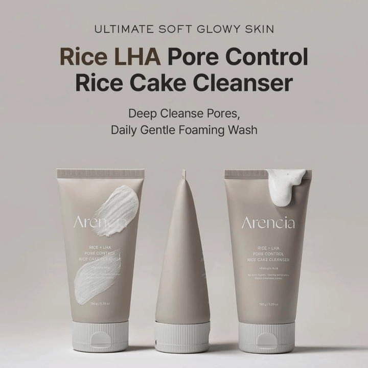 Product presentation of Arencia Rice + LHA Pore Control Rice Cake Cleanser from multiple angles, daily foaming face wash for clearer pores and smoother skin texture.