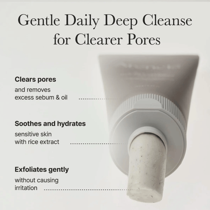 Information image showing how Arencia Rice + LHA Pore Control Rice Cake Cleanser cleanses pores, moisturizes sensitive skin, and gently exfoliates without irritation.