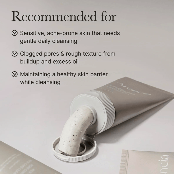 Arencia Rice + LHA Pore Control Rice Cake Cleanser in tube with product squeezed out, showing creamy consistency suitable for sensitive and acne-prone skin.