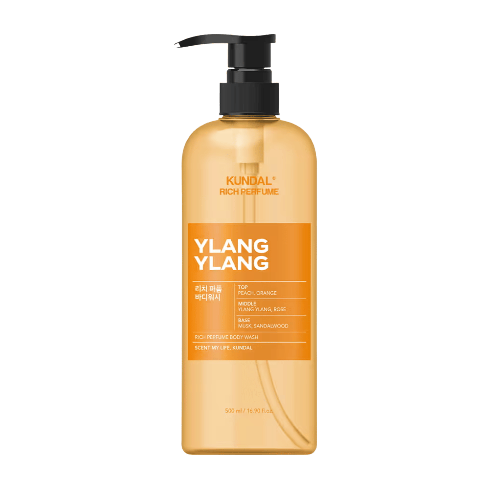 6. KUNDAL Rich Perfume Body Wash Ylang Ylang 500 ml – orange shower gel with pump bottle