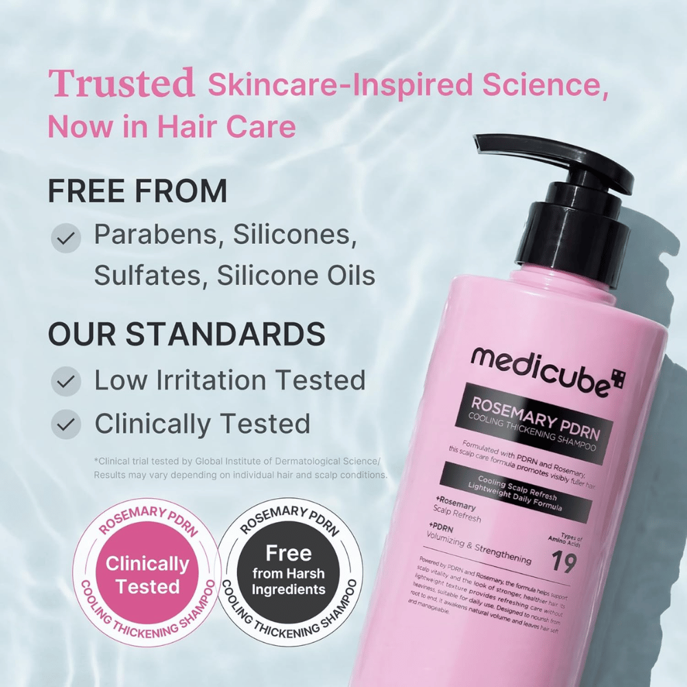 Medicube Rosemary PDRN Cooling Thickening Shampoo with a clinically tested formula free from sulfates, silicones and parabens