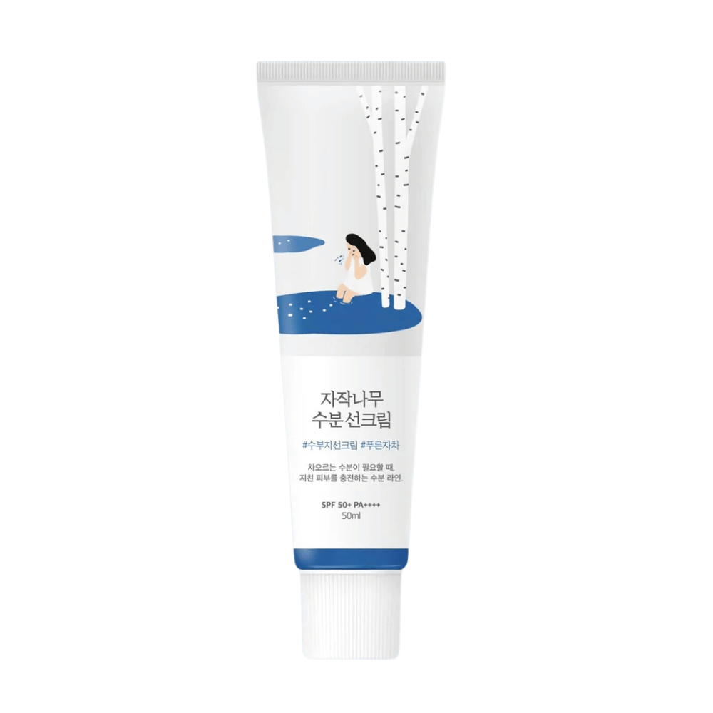 A tube with Round Lab Birch Juice Moisturizing Sunscreen SPF50+ PA++++ 50ml.
