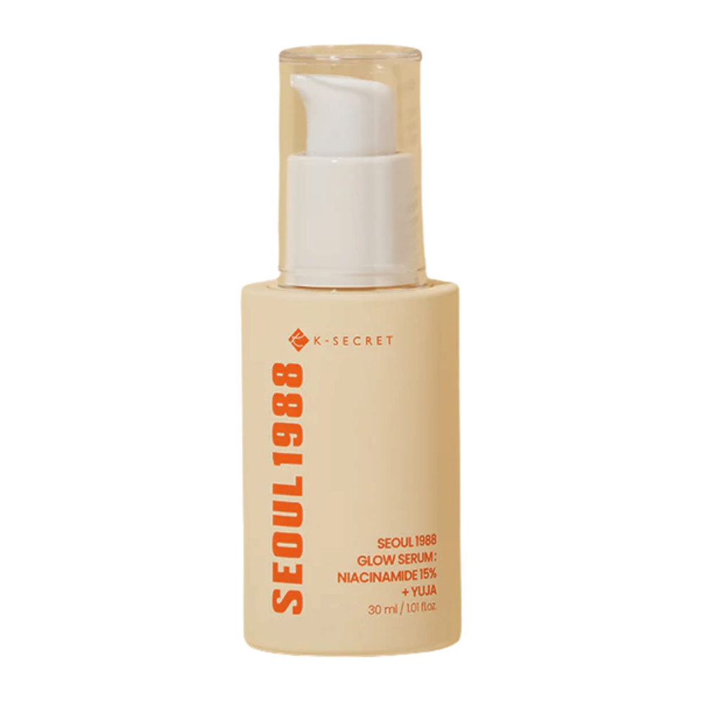 Bottle with K-SECRET Seoul 1988 Glow Serum Niacinamide 15% + Yuja, 30 ml, with pump and minimalist beige design.