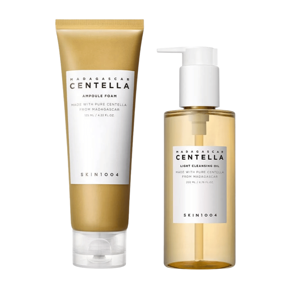 SKIN1004 Madagascar Centella Double Cleansing Duo Set with Ampoule Foam in brown tube and Cleansing Oil in transparent pump bottle, both with minimalist white label.