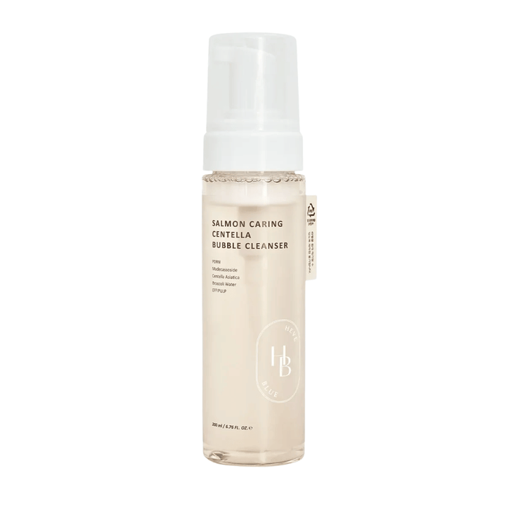 Heveblue Salmon Caring Centella Bubble Cleanser face wash – Korean cleansing foam with Centella Asiatica and PDRN that helps to clean pores, soothe the skin, and hydrate.