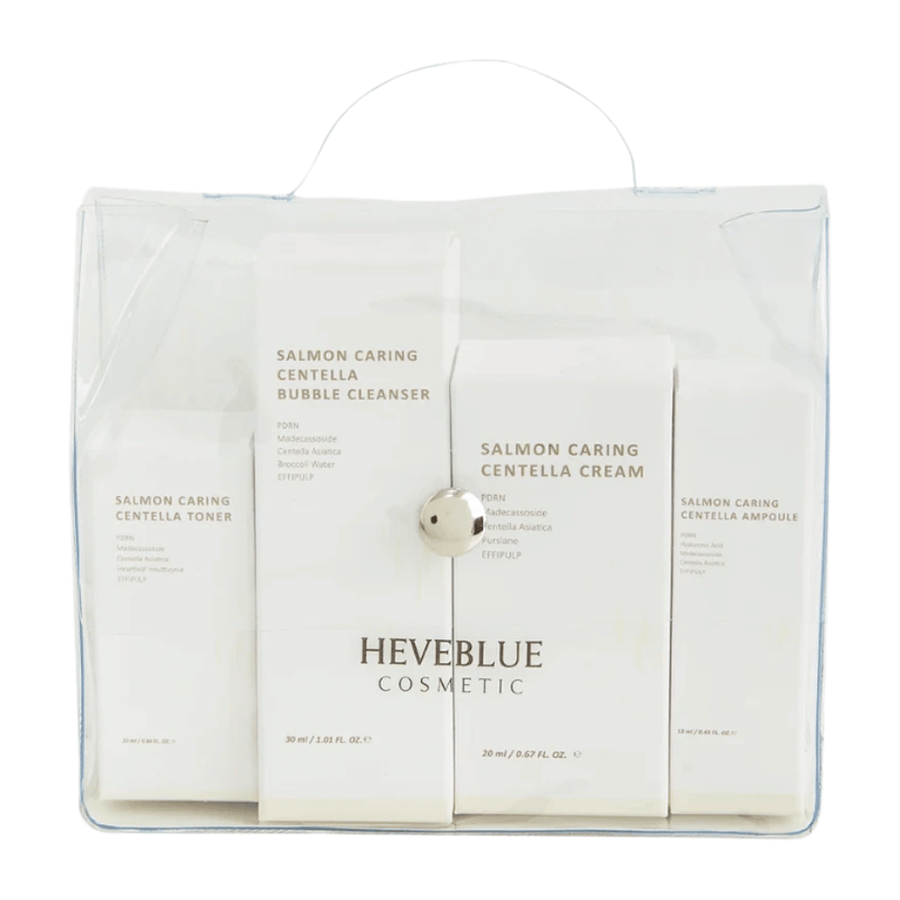 Heveblue Salmon Caring Centella Special Travel Kit skincare set – Korean skincare routine with toner, bubble cleanser, cream, and ampoule with Centella Asiatica and PDRN.