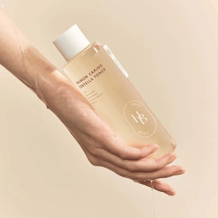 Application of Salmon Caring Centella Toner – hydrating Korean facial toner with centella asiatica that balances the skin, gives glow, and improves skin elasticity.