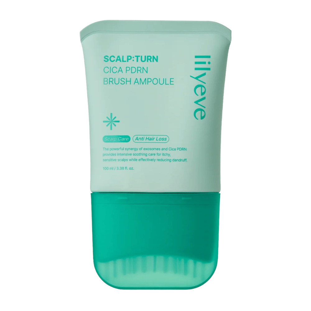 Cutout product image of LILYEVE Scalp:Turn Cica PDRN Brush Ampoule against a white background. The design shows the turquoise packaging with a built-in brush applicator for easy application directly to the scalp.