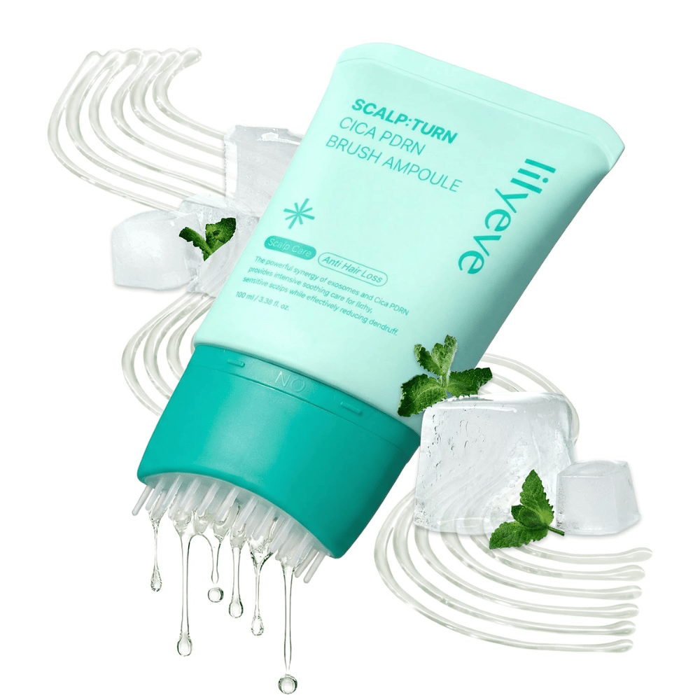 Close-up of LILYEVE Scalp:Turn Cica PDRN Brush Ampoule together with ice cubes, mint, and serum drops. The image conveys a cool and refreshing feeling while highlighting the unique brush applicator.