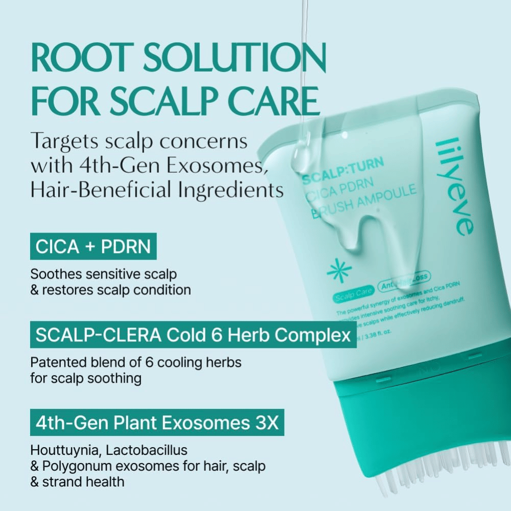 Product image of LILYEVE Scalp:Turn Cica PDRN Brush Ampoule with a description of key ingredients. The image highlights CICA, PDRN, a cooling herbal complex, and plant-based exosomes that help soothe and care for a sensitive scalp.