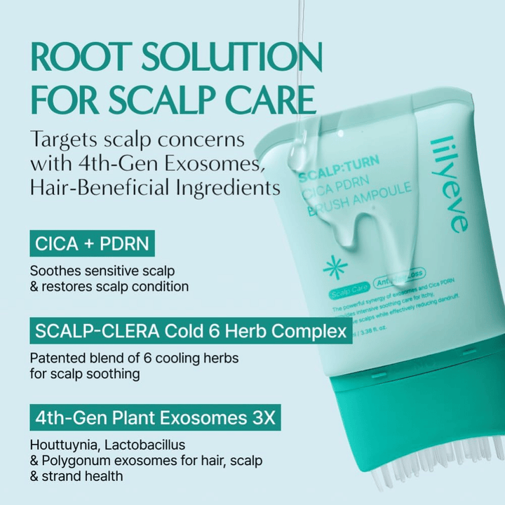 Product image of LILYEVE Scalp:Turn Cica PDRN Brush Ampoule with a description of key ingredients. The image highlights CICA, PDRN, a cooling herbal complex, and plant-based exosomes that help soothe and care for a sensitive scalp.