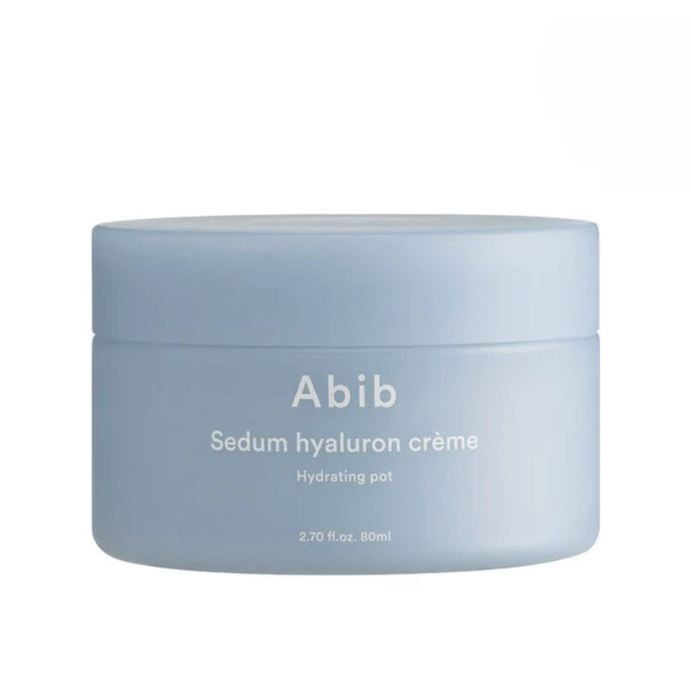 Abib Sedum Hyaluron Crème Hydrating Pot 80 ml in a stylish, light blue round jar with white text.