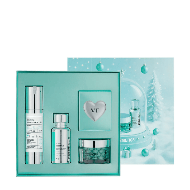 VT Cosmetics Shining Holiday Set – elegant gift box with Reedle Shot 100, PDRN Essence, PDRN Capsule Cream and keychain.