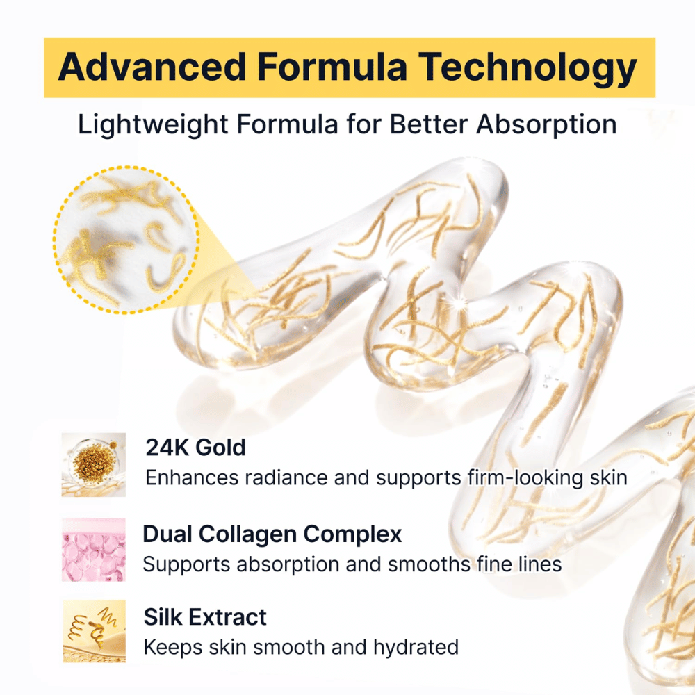 Silk Peptide EGF Intensive Ampoule combines 24K gold, silk extract, and a double collagen complex to give the skin radiance, hydration, and a firmer feel, while the lightweight formula absorbs quickly.