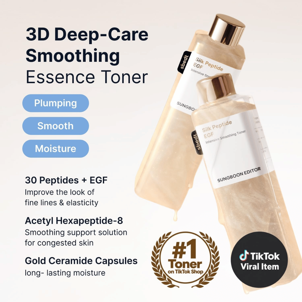 SUNGBOON EDITOR Silk Peptide EGF Intensive Smoothing Toner – essence toner with peptides, EGF and ceramides