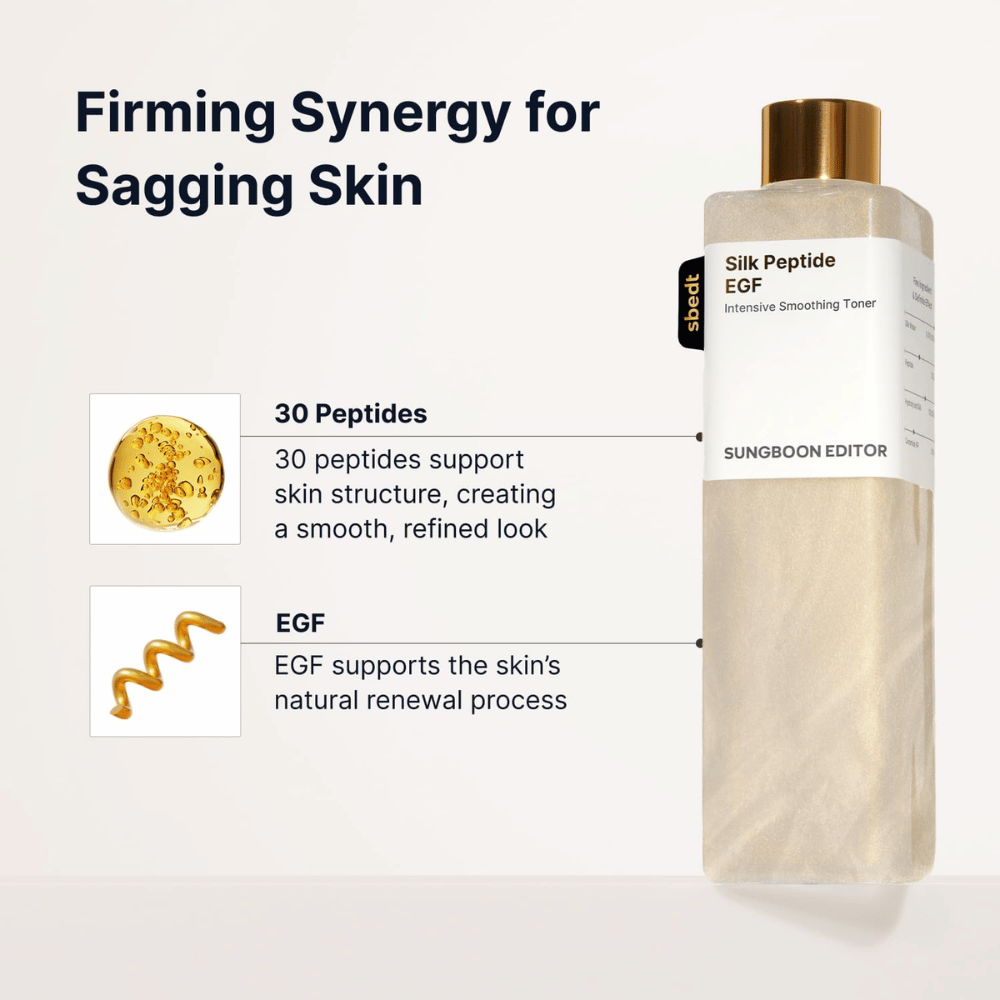 SUNGBOON EDITOR Silk Peptide EGF Intensive Smoothing Toner – toner with 30 peptides and EGF for more even skin