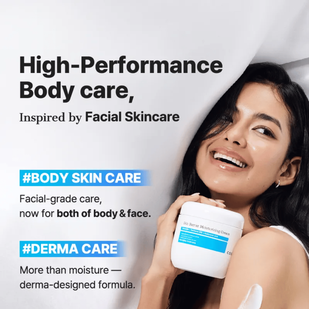 Kvinna med COSRX Skin Barrier Cream – kraftfull kroppsvård med ansiktsvårdskvalitet och dermaformula.