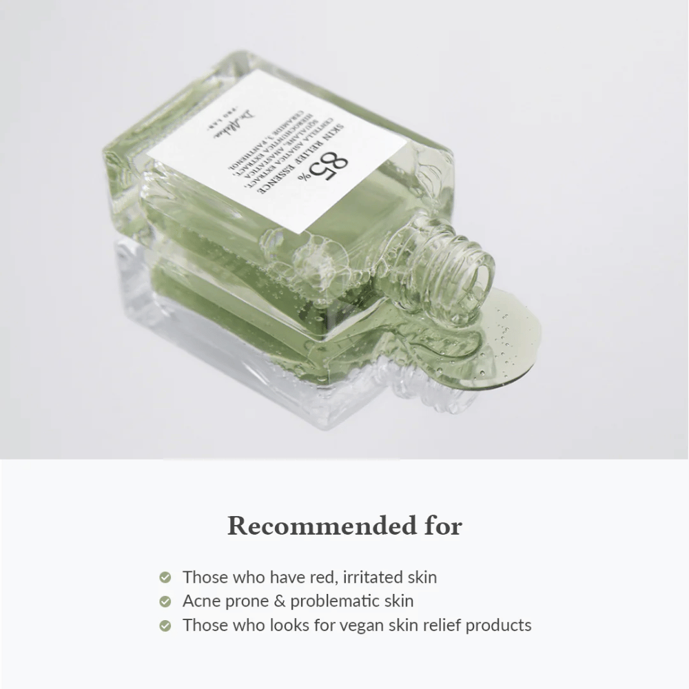 Dr. Althea Skin Relief Essence lies down with product flowing out. Recommended for red, irritated skin, acne-prone skin, and those seeking vegan skincare.