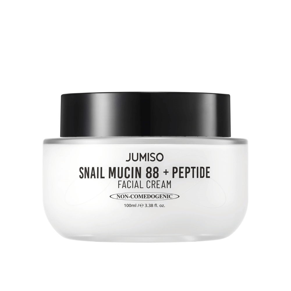 JUMISO Snail Mucin 88 + Peptide Facial Cream in a white jar with a black lid. Face cream with 88% snail secretion and peptides for intensive skincare and hydration.